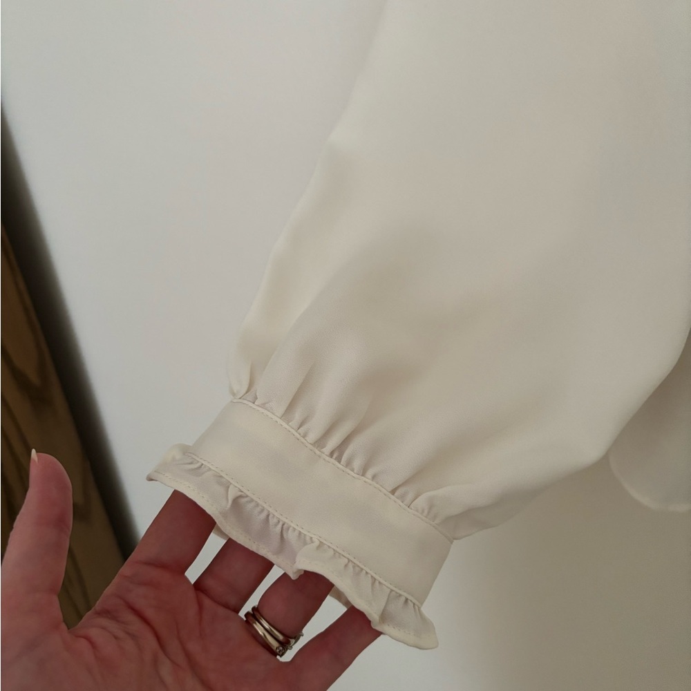 Ann Taylor Cream Ruffle-Neck Button Front Blouse - Picture 2 of 4